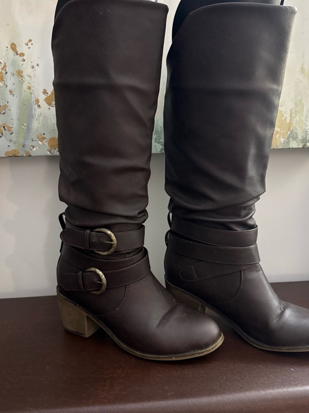 Source Unknown Dark Brown Knee-High Buckle Riding Boots